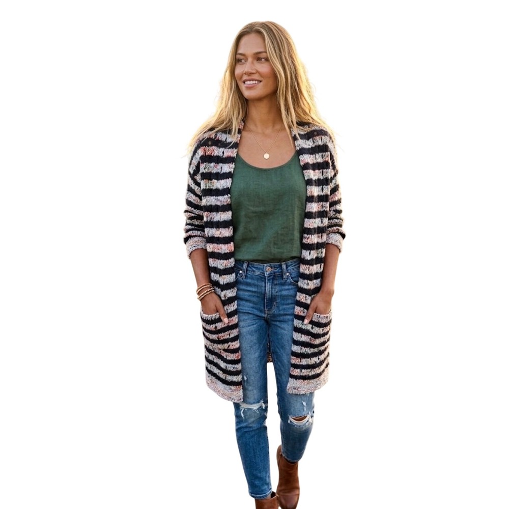 Sundance Women L Open Front Cardigan Sweater Italian Knit Striped Blue Multi